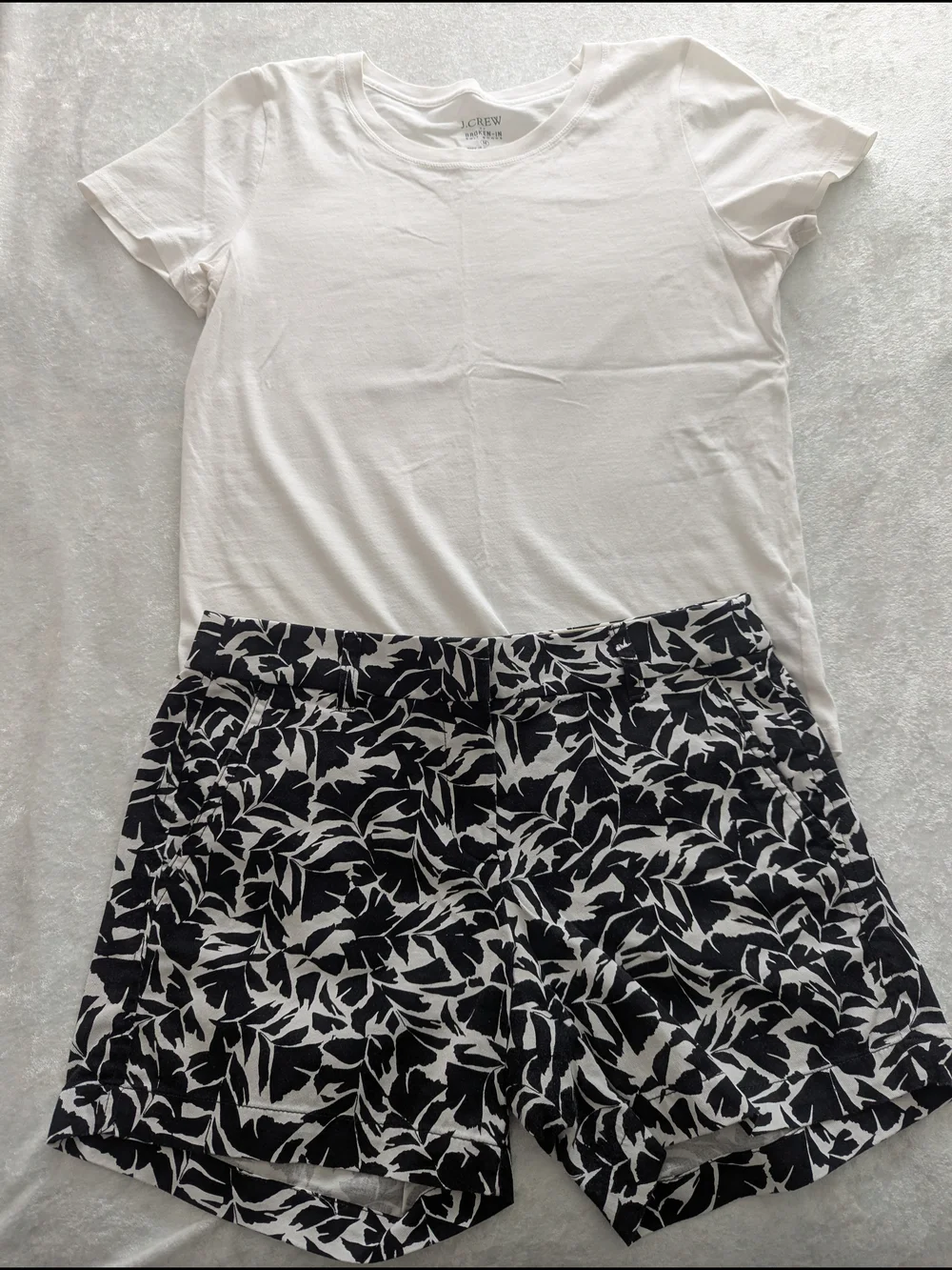 J. Crew T-shirt and Black & White Leaf-Print Shorts